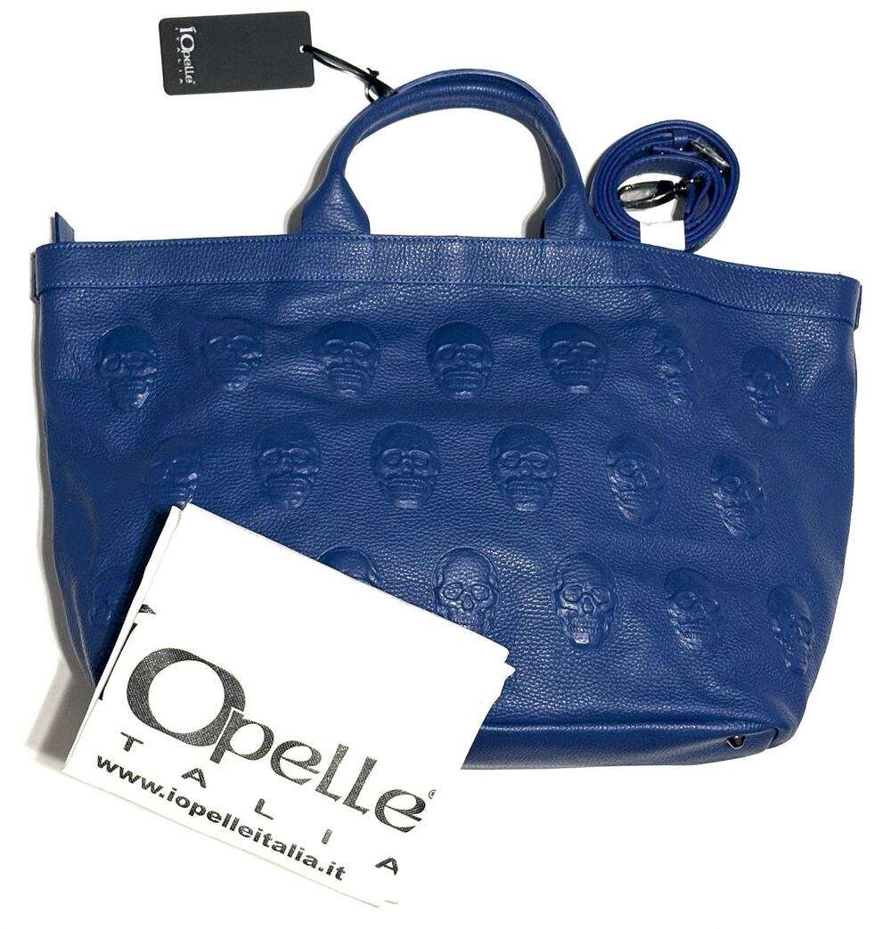 IO PELLE Skull Embossed Blue Leather Tote Bag XL Weekender Crossbody Strp NWT